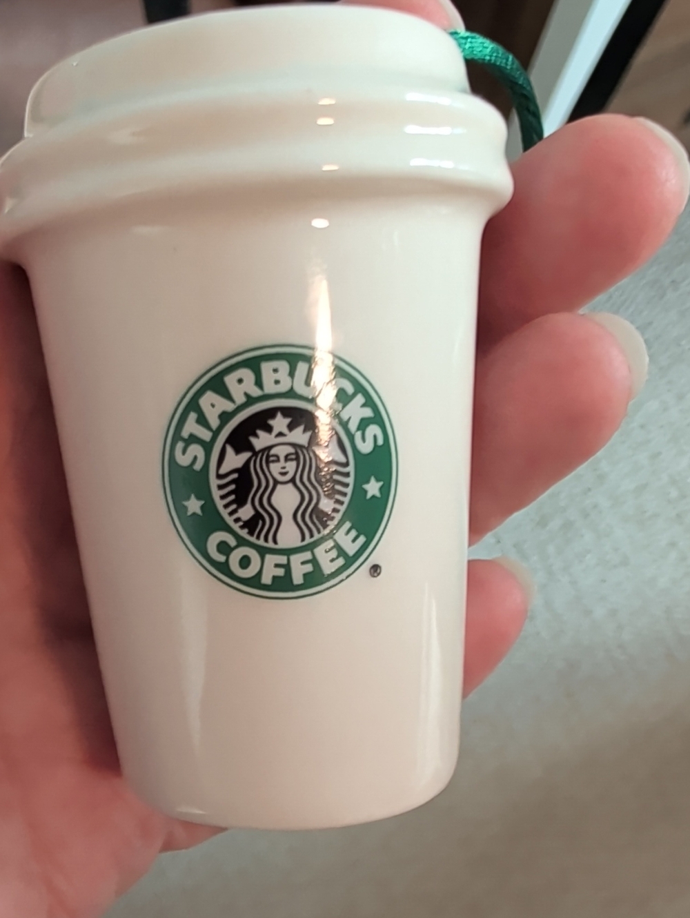 Vintage 1992 Starbucks White Ceramic Tumbler Ornament with Green Logo 2.5in - Picture 3 of 6